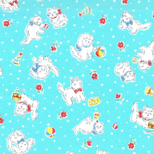 Japanese Fabric Happy Message 30's Cats and Dogs Blue