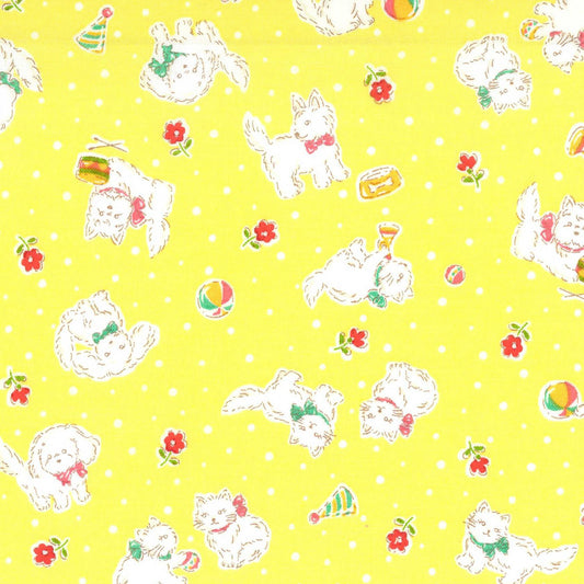 Japanese Fabric Happy Message 30's Cats and Dogs Yellow
