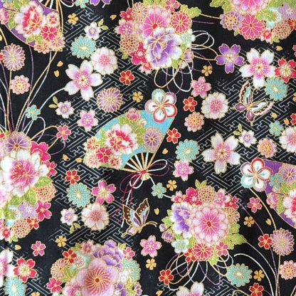 Japanese Fabric Fan Butterfly and Flower Bouquet Metallic Gold Accent