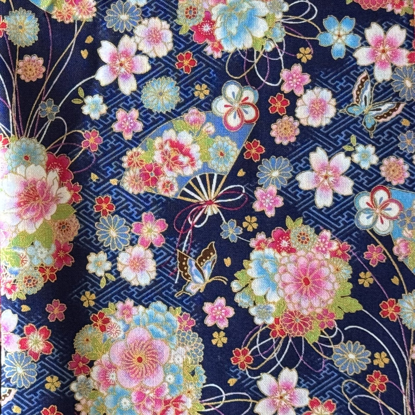 Japanese Fabric Fan Butterfly and Flower Bouquet Metallic Gold Accent