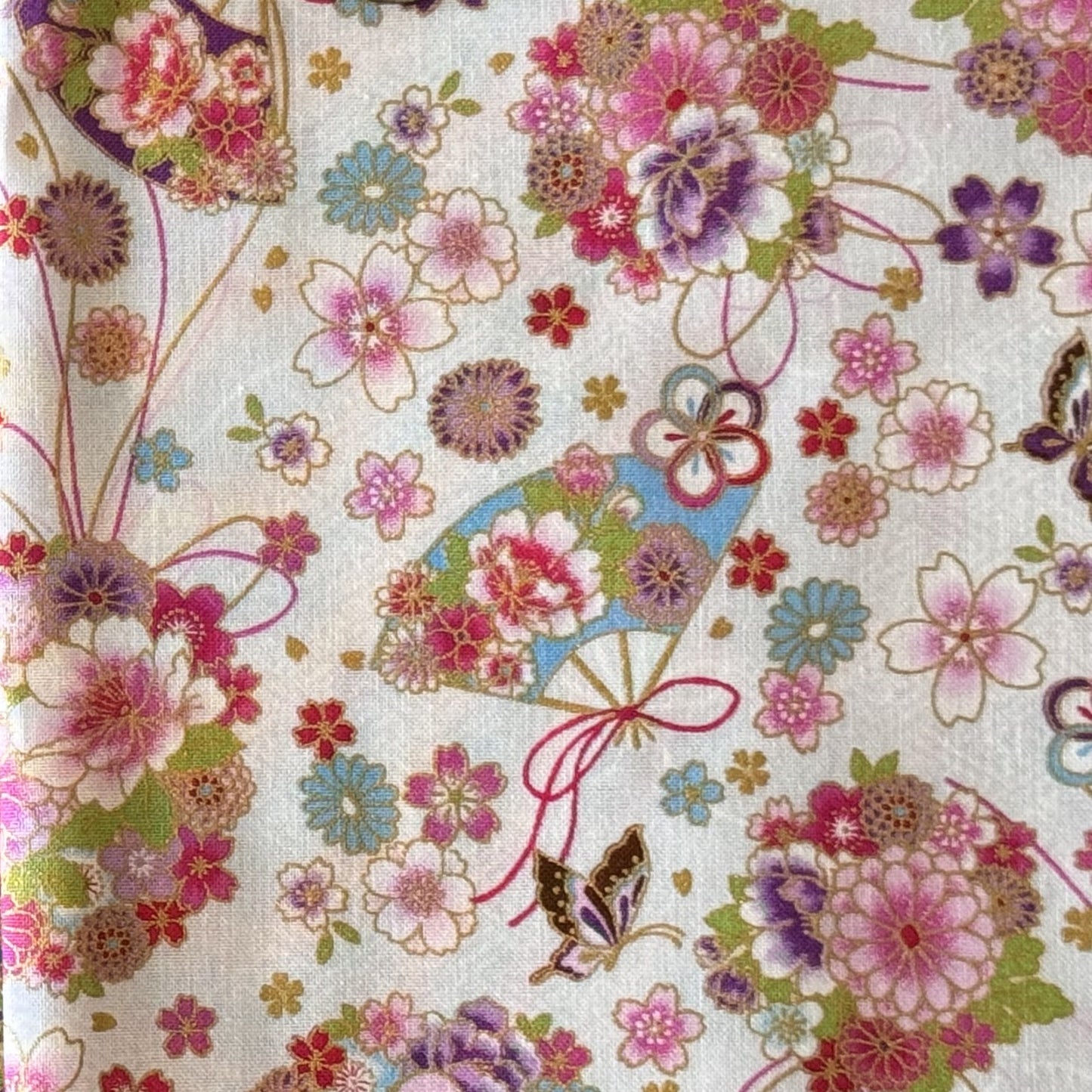 Japanese Fabric Fan Butterfly and Flower Bouquet Metallic Gold Accent