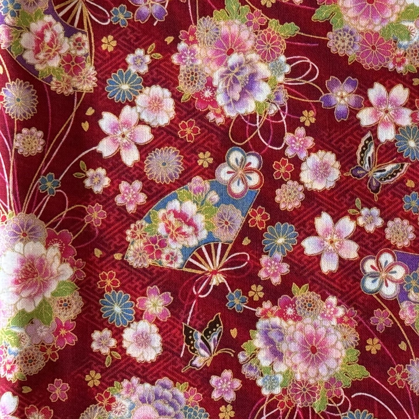 Japanese Fabric Fan Butterfly and Flower Bouquet Metallic Gold Accent