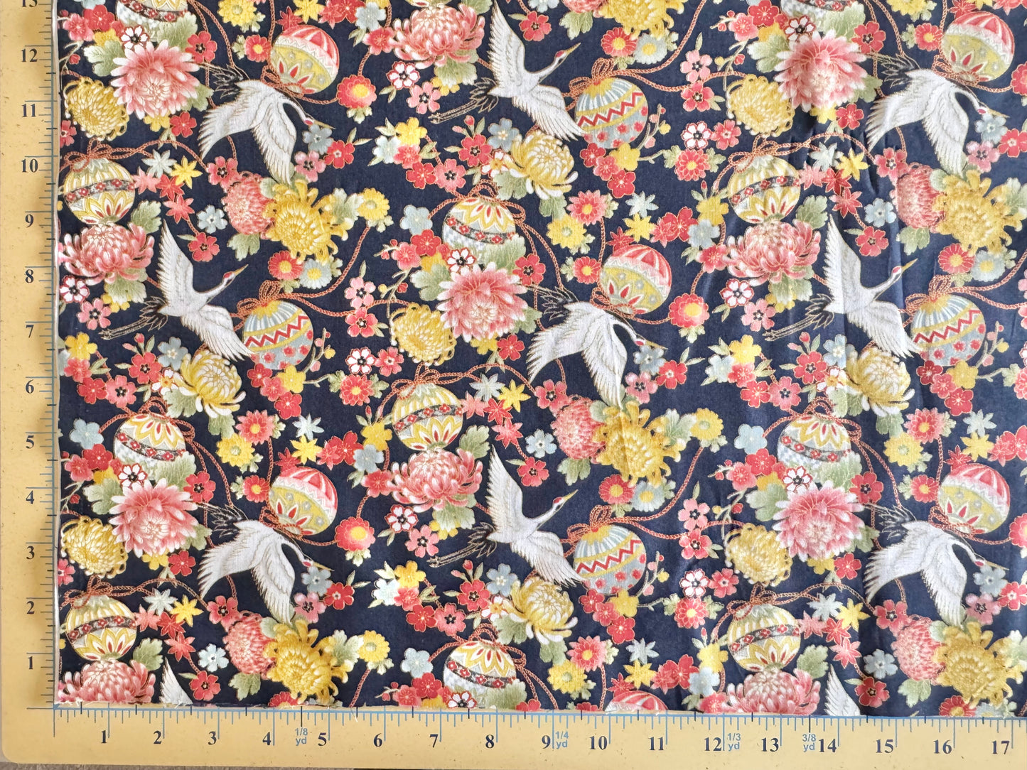 Traditional Crane and Temari Print Kimono Inspired Japanese Fabric Indigo