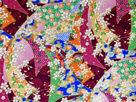 Traditional Noshi and Sakura Print Kimono Inspired Japanese Fabric Wine Red