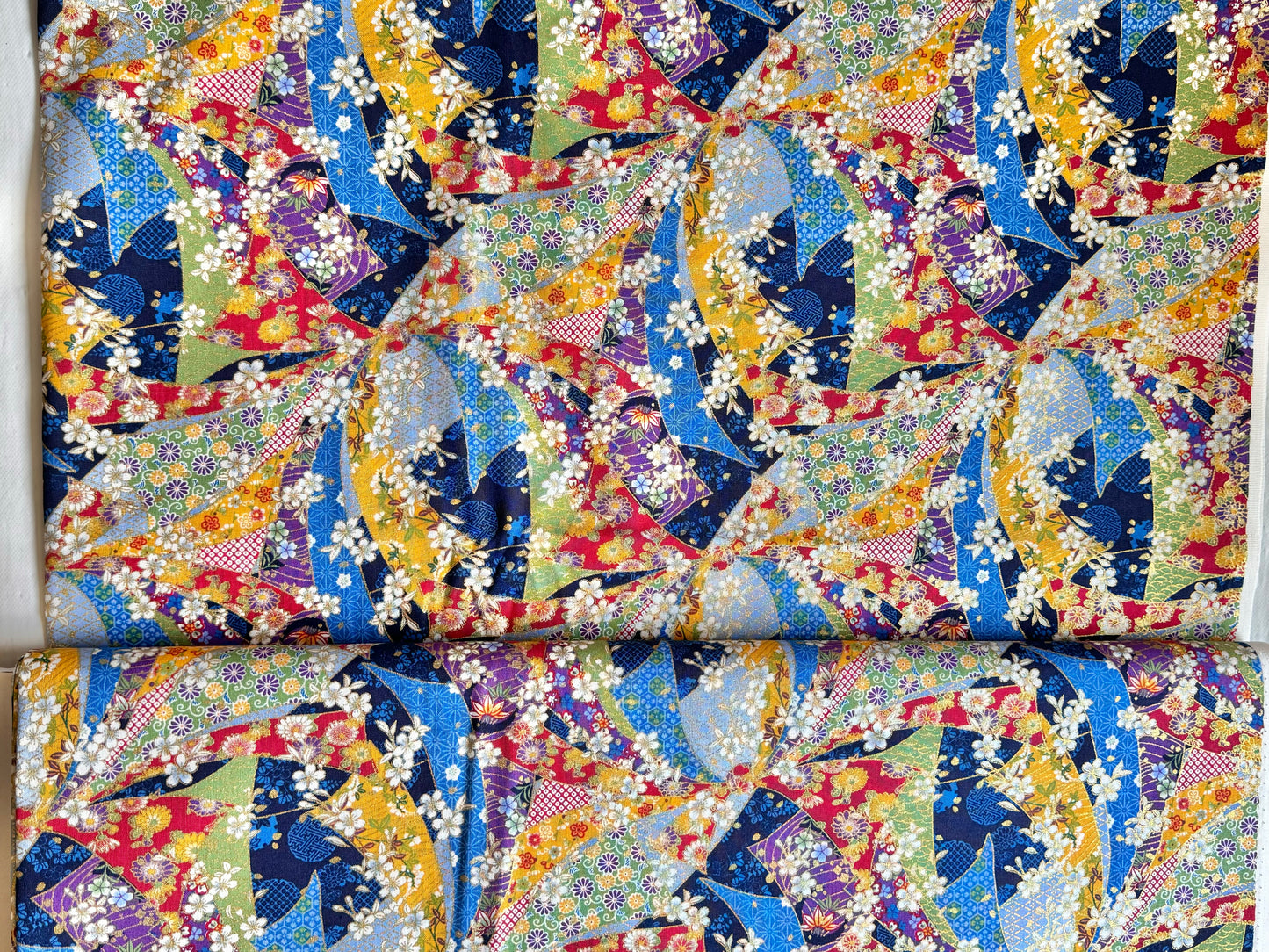 Traditional Noshi and Sakura Print Kimono Inspired Japanese Fabric Blue