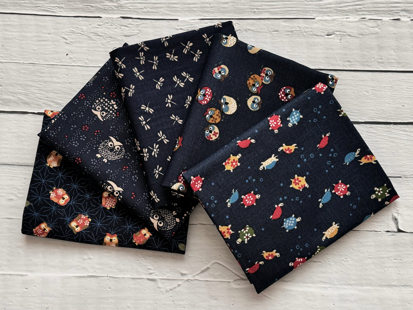 Japanese Fabric Fat Quarter Set Turtle Dragonfly Owl