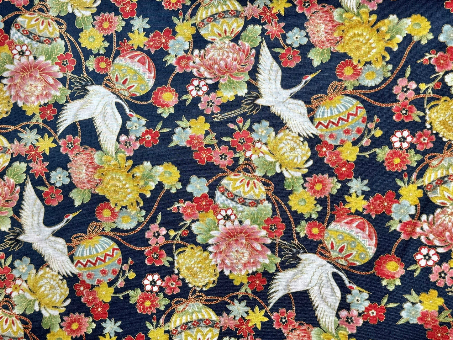 Traditional Crane and Temari Print Kimono Inspired Japanese Fabric Indigo