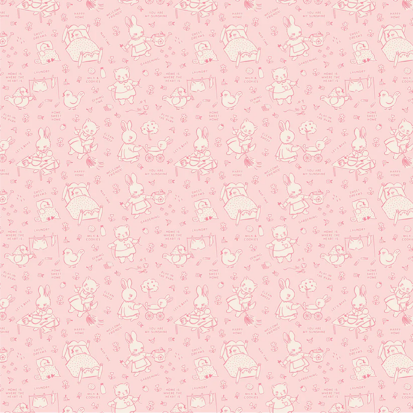 Poppie Cotton Home Sweet Home Chore Time Pink Quilting Fabric