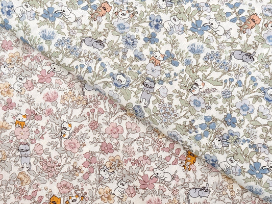 Cotton Kobayashi Cats & Flowers Japanese Broadcloth Fabric Soft Lavender and Soft Blue