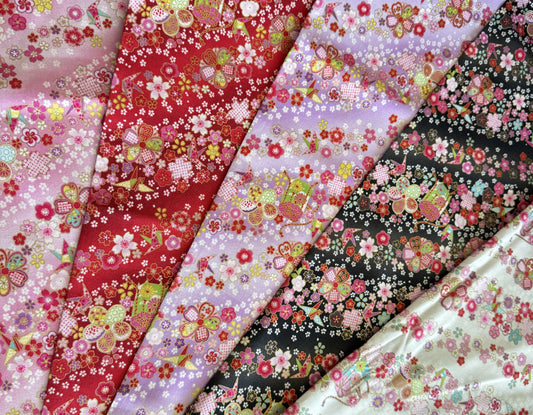 Japanese Fabric Paper Crane and Flowers Cherry Blossoms Metallic Gold Accent