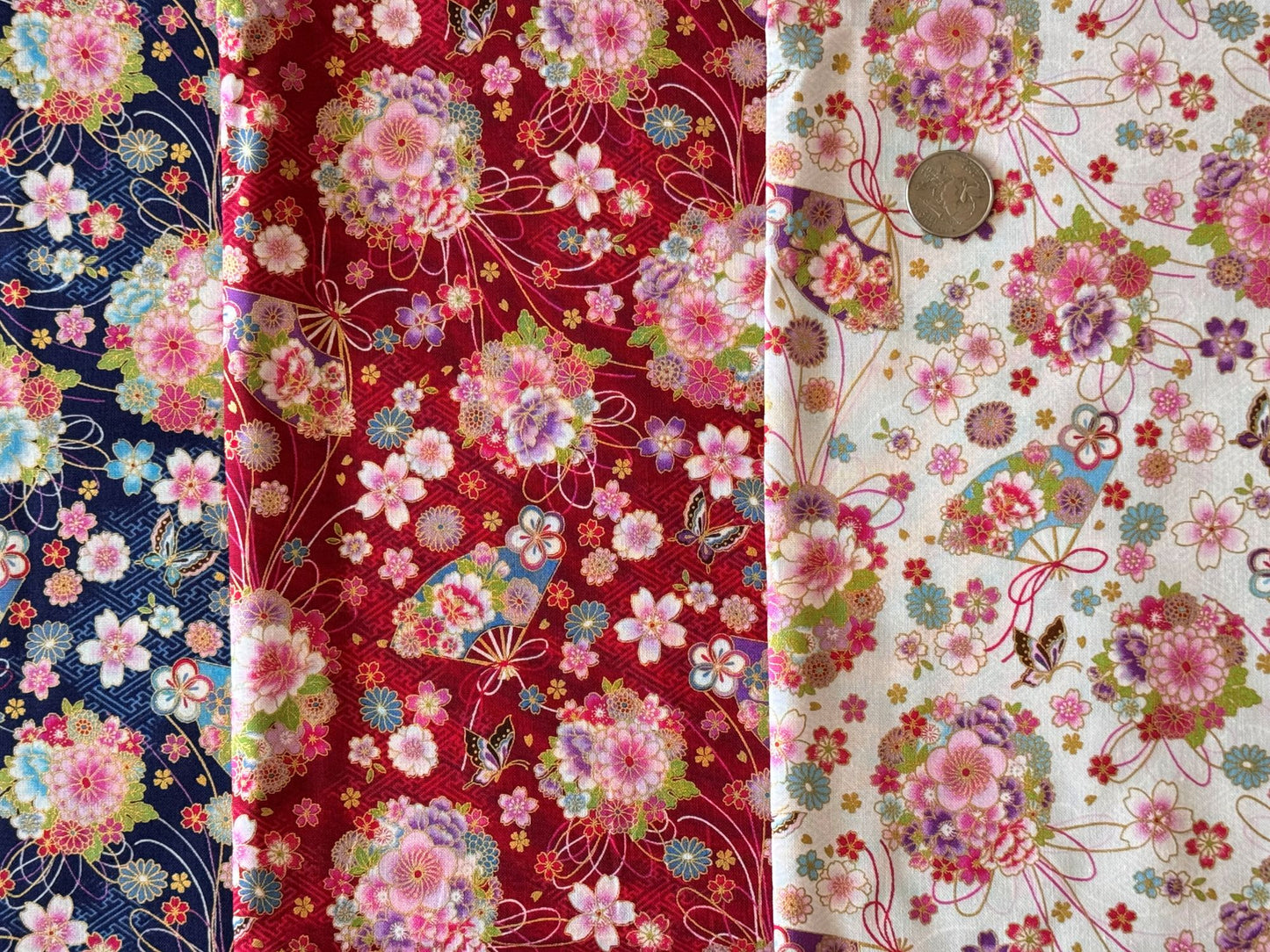 Japanese Fabric Fan Butterfly and Flower Bouquet Metallic Gold Accent
