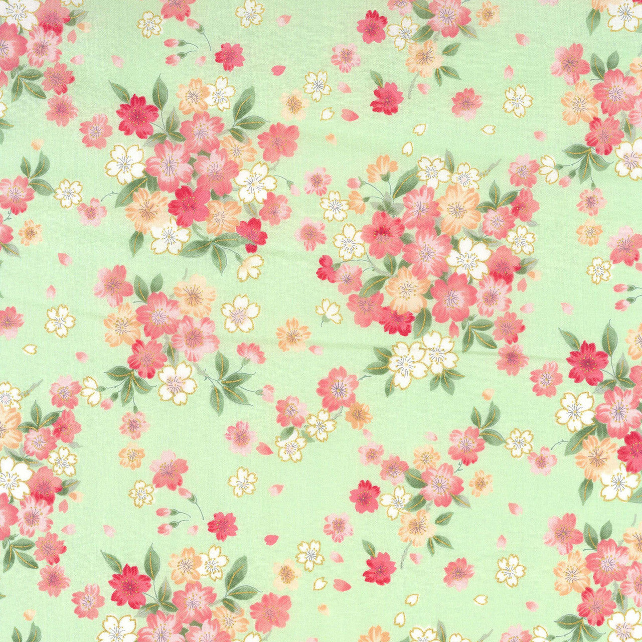 Kokka Sakura Cotton Sheeting Light Green Metallic Accent Japanese Fabric