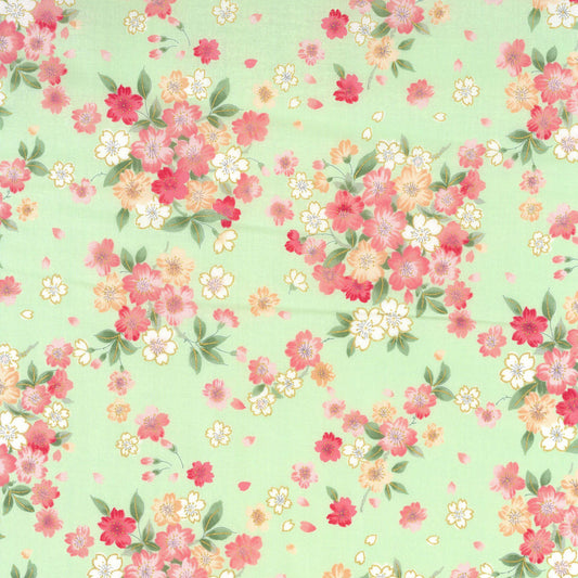 Kokka Sakura Cotton Sheeting Light Green Metallic Accent Japanese Fabric