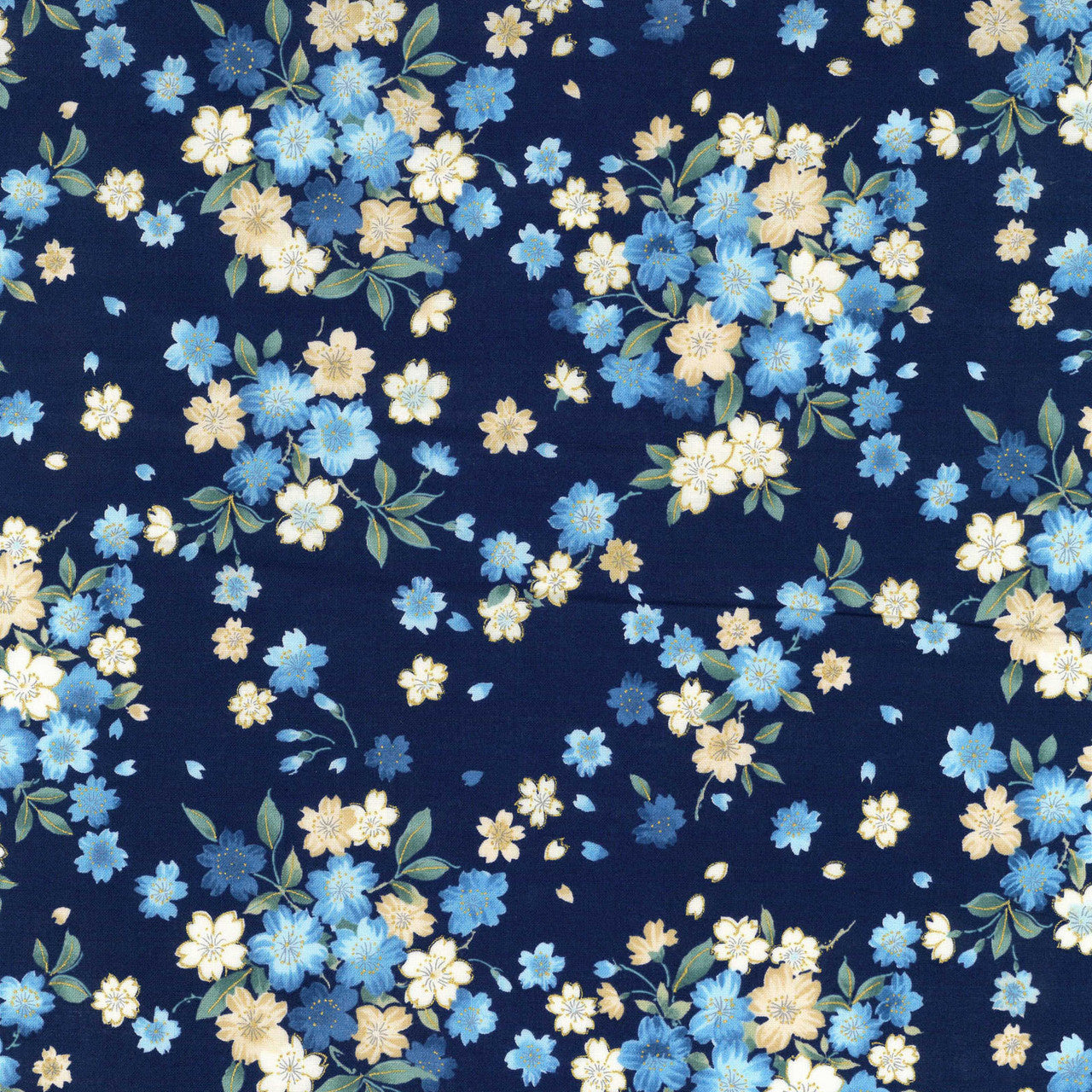 Kokka Sakura Cotton Sheeting Navy Blue Metallic Accent Japanese Fabric