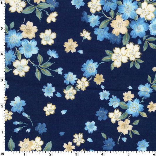 Kokka Sakura Cotton Sheeting Navy Blue Metallic Accent Japanese Fabric