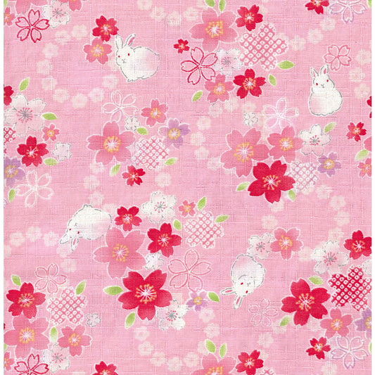 Kokka Rabbits and Sakura Cotton Dobby YGA-89040-1A Pink Japanese Fabric
