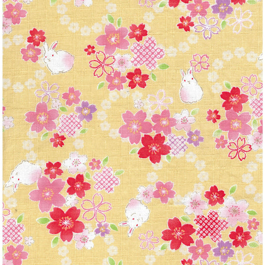 Kokka Rabbits and Sakura Cotton Dobby YGA-89040-1B Yellow Japanese Fabric