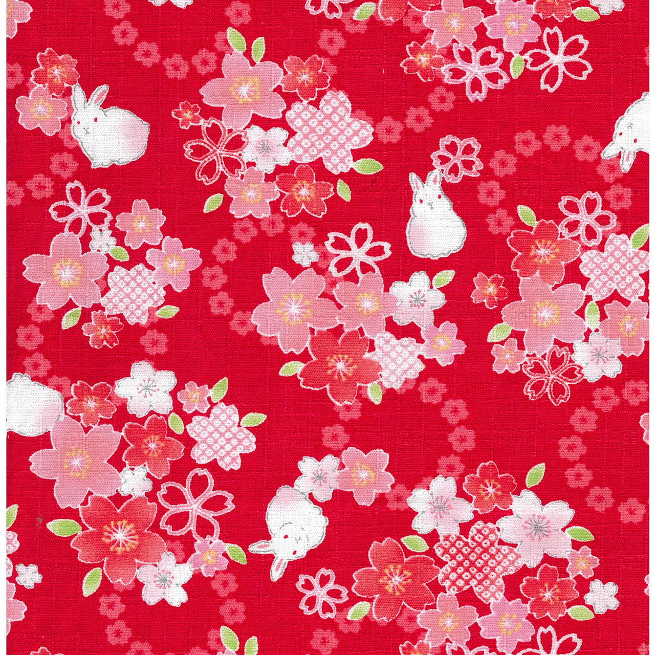Kokka Rabbits and Sakura Cotton Dobby YGA-89040-1C Red Japanese Fabric