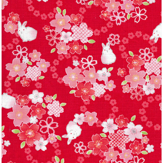 Kokka Rabbits and Sakura Cotton Dobby YGA-89040-1C Red Japanese Fabric