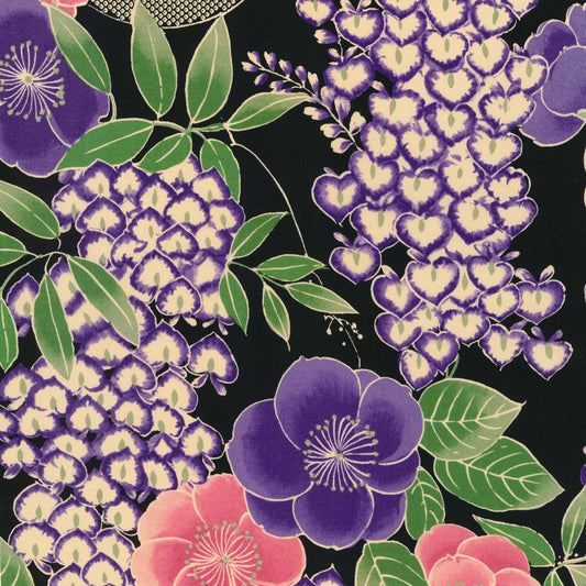 Kokka Classic Japan Wisteria Flowers Black Kimono Inspired Japanese Fabric