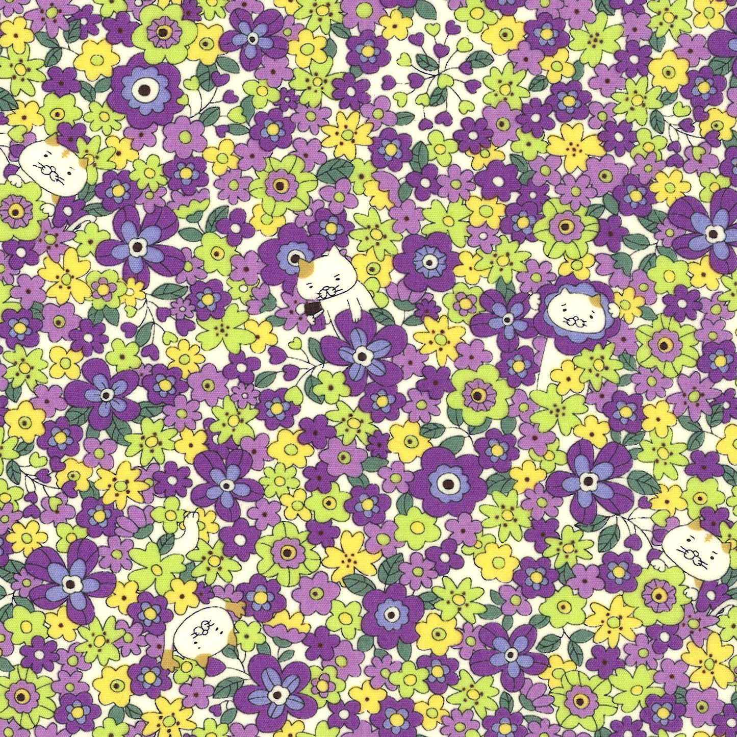 Cotton Kobayashi Cats and Flowers Purple