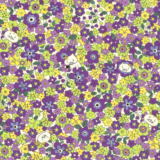 Cotton Kobayashi Cats and Flowers Purple