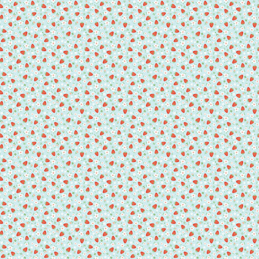 Poppie Cotton Fabric Market Day Mini Strawberries Teal
