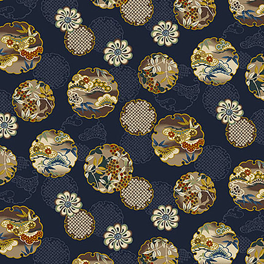 Quilt Gate Hyakka Ryoran Shiki Kimono Prints Navy Blue 14D