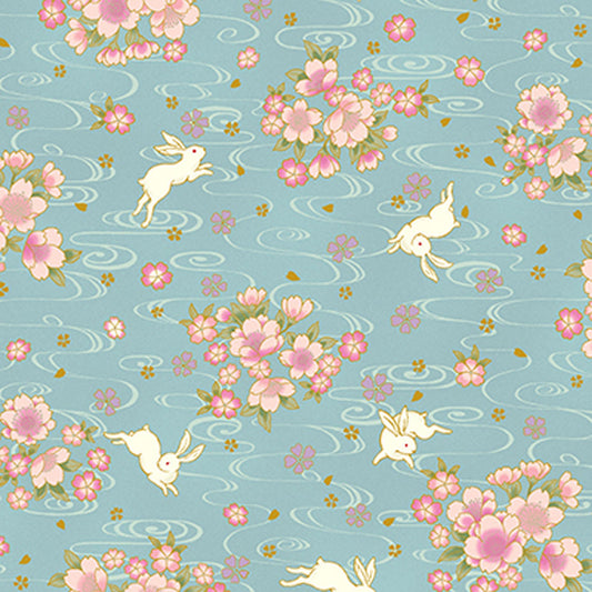 Quilt Gate Usagi II Rabbit and Cherry Blossoms Blue 12A
