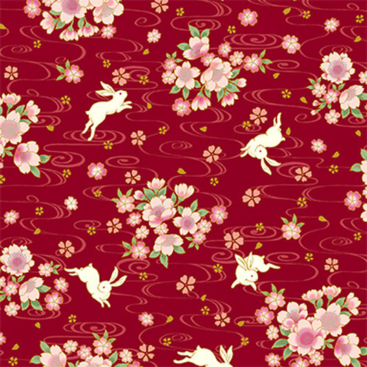 Quilt Gate Usagi II Rabbit and Cherry Blossoms Red 12A