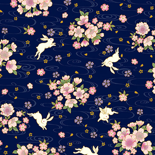 Quilt Gate Usagi II Rabbit and Cherry Blossoms Navy Blue 12A