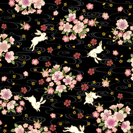 Quilt Gate Usagi II Rabbit and Cherry Blossoms Black 12A