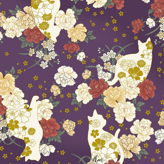 Quilt Gate Hyakka Ryoran Animals & Flowers Cats on Purple 11C