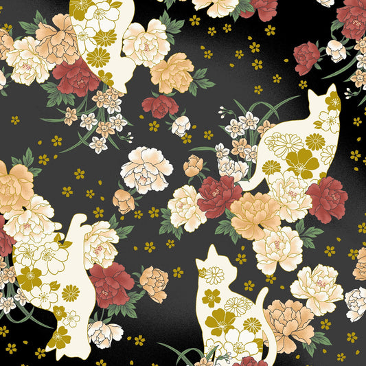 Quilt Gate Hyakka Ryoran Animals & Flowers Cat on Black 11F