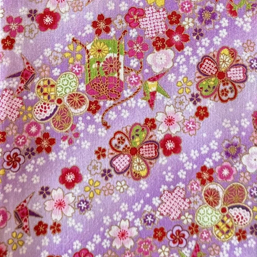 Japanese Fabric Paper Crane and Flowers Cherry Blossoms Metallic Gold Accent