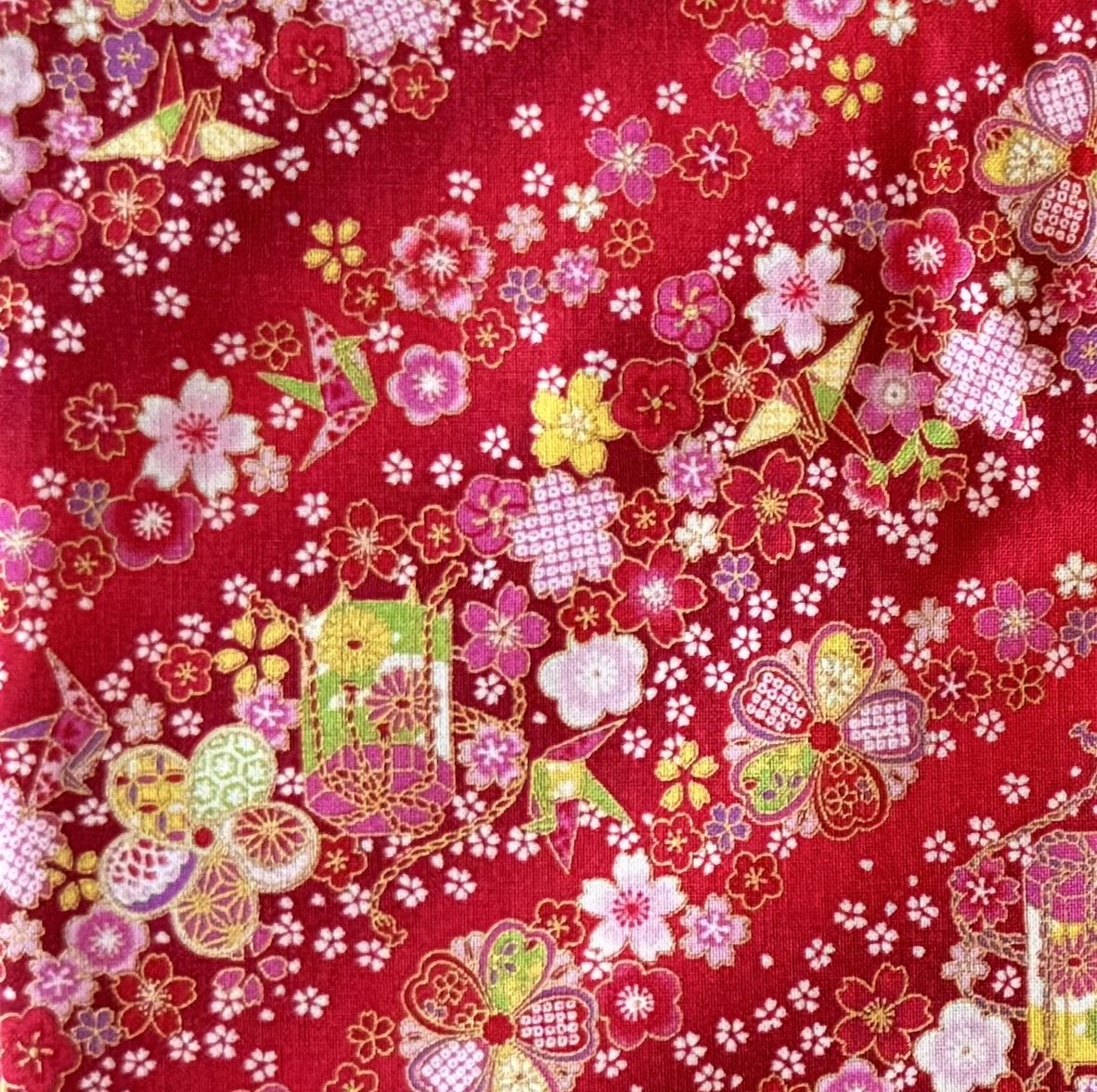 Japanese Fabric Paper Crane and Flowers Cherry Blossoms Metallic Gold Accent