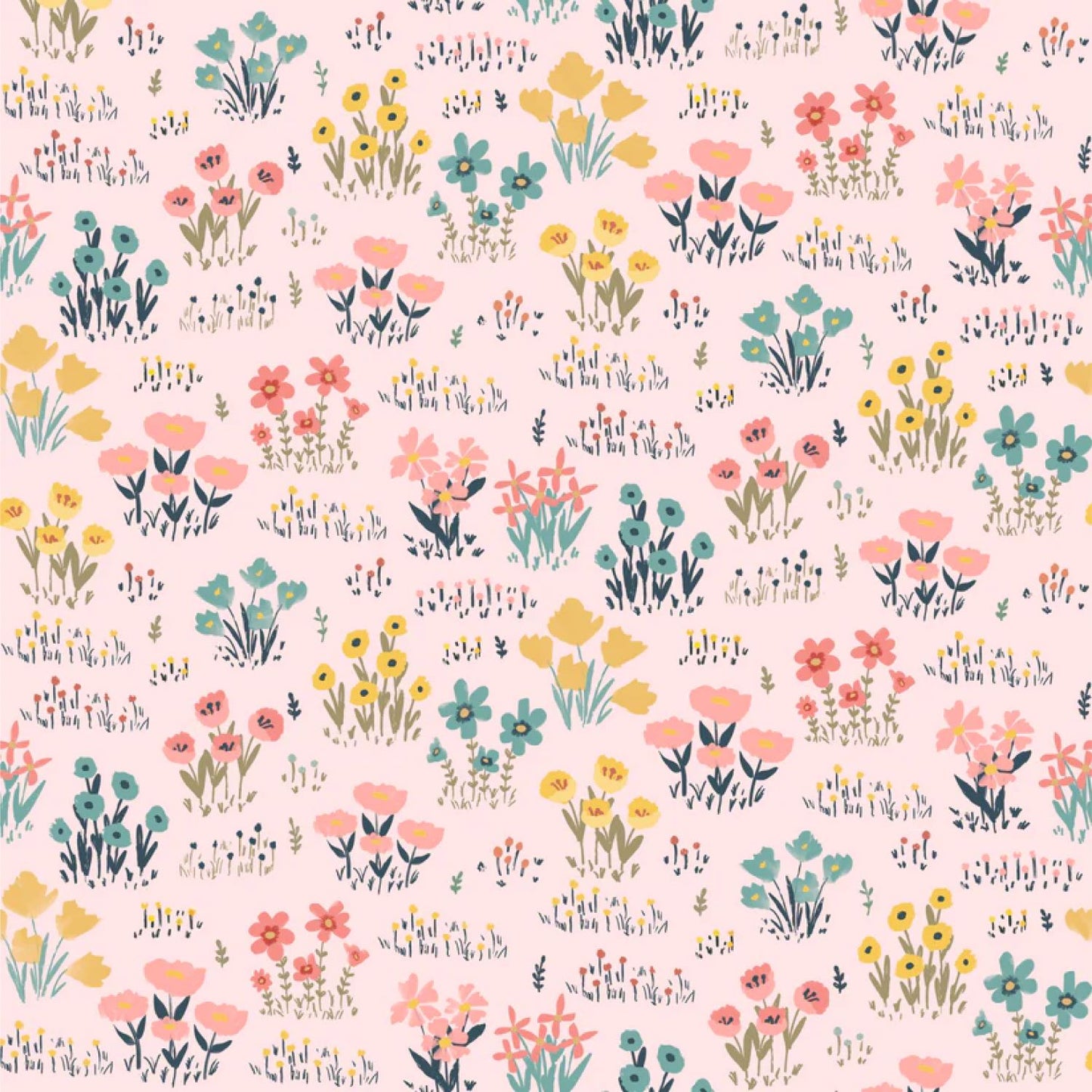 Painted Blossoms Wild Flowers Pink Poppie Cotton Fabric