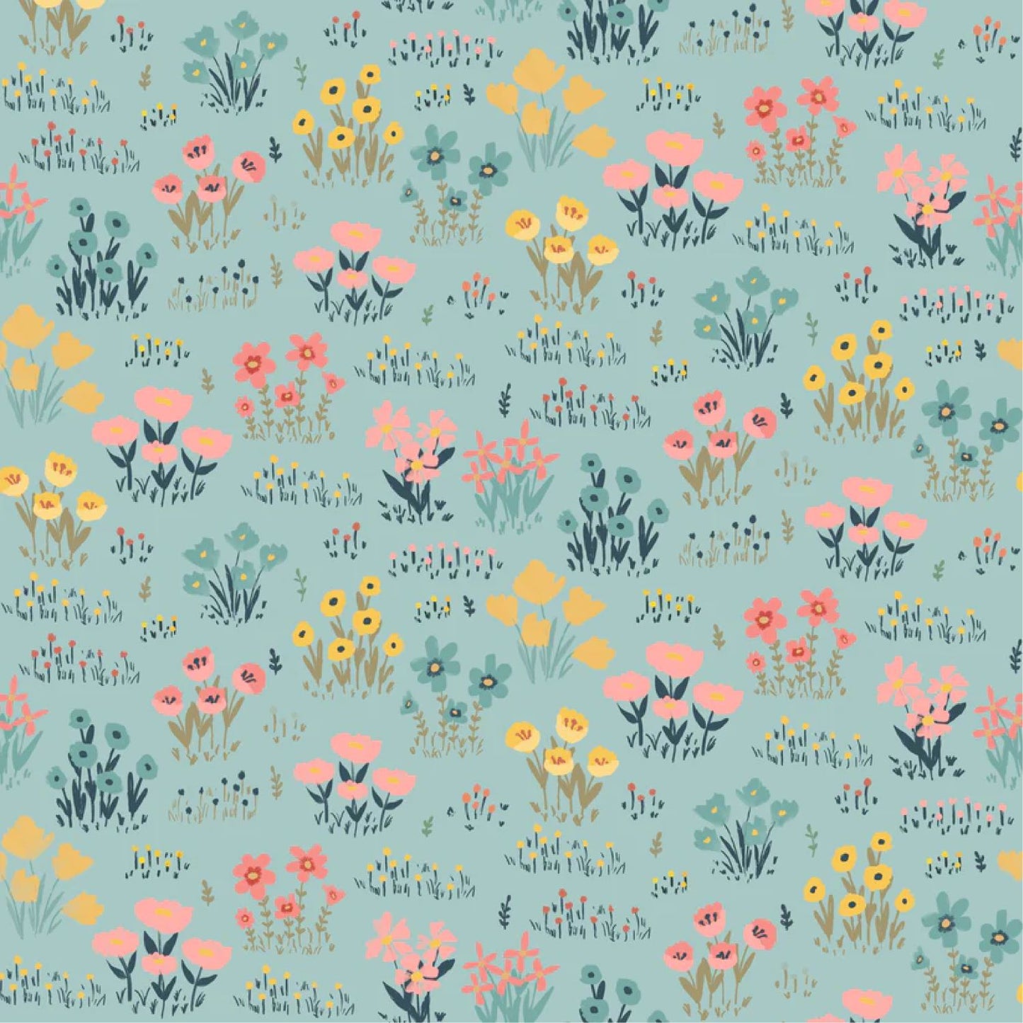 Painted Blossoms Wild Flowers Teal Poppie Cotton Fabric