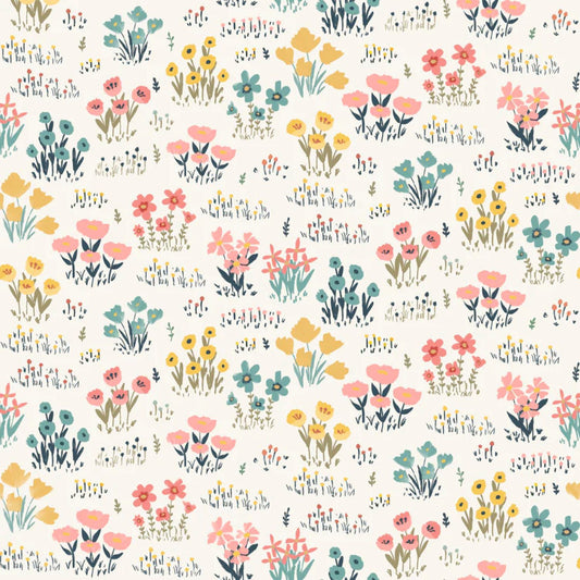 Painted Blossoms Wild Flowers White Poppie Cotton Fabric