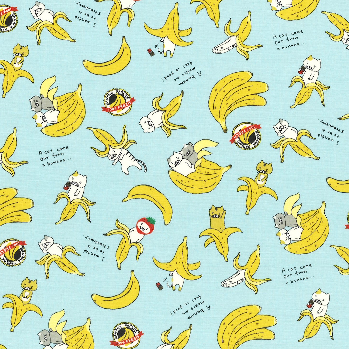 Cotton Kobayashi Cats and Bananas Blue Japanese Fabric