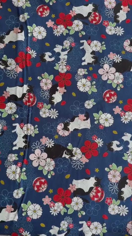 Hachiware Romance Tuxedo Cats and Cherry Blossoms Blue 2D Japanese Fabric